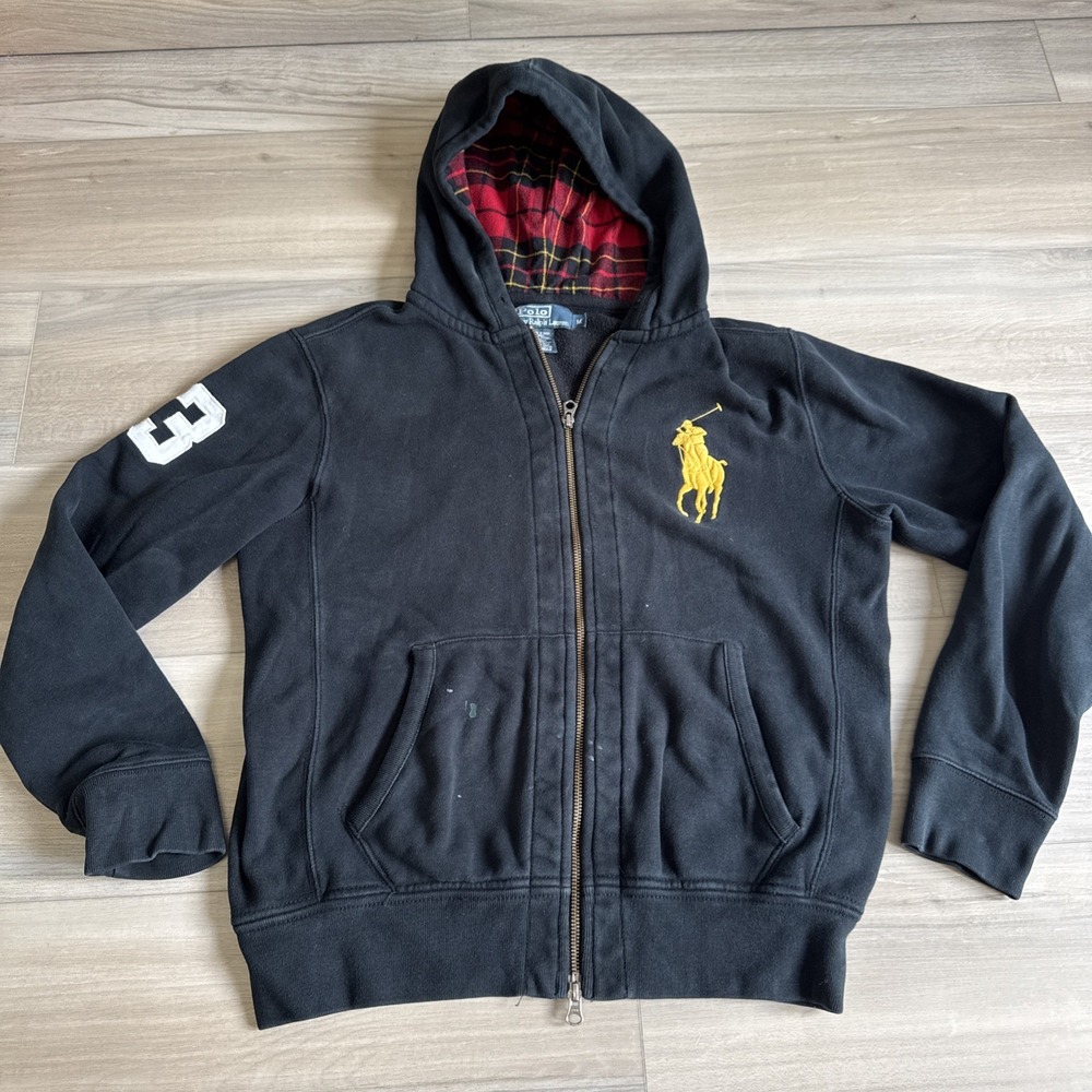 Vintage 90s Polo Ralph Lauren Black Red Rare Big Pony #3 Plaid Zip Hoodie Size M